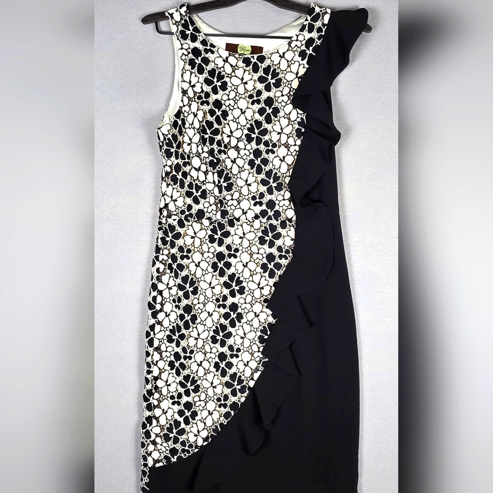 Eva Franco‎ Black White Floral Lace Overlay With Side Ruffle Dress 6